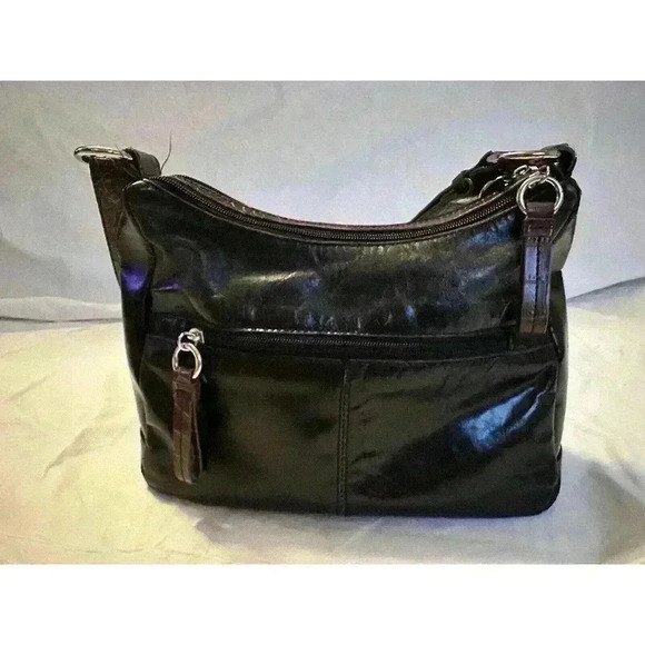 GIANI BERNINI Black Leather w/Brown Alligator Classic Style Shoulder Shopper Bag - Picture 4 of 8